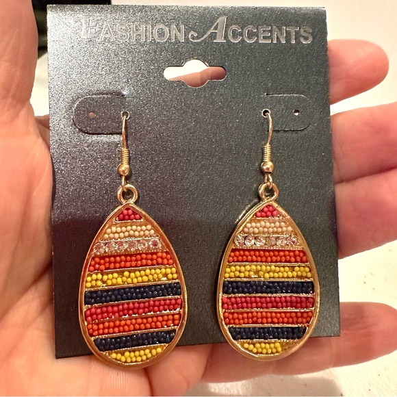 NWT Fashion Accents Earrings dangle gold w/ multicolored seed beads & crystals - Picture 5 of 8